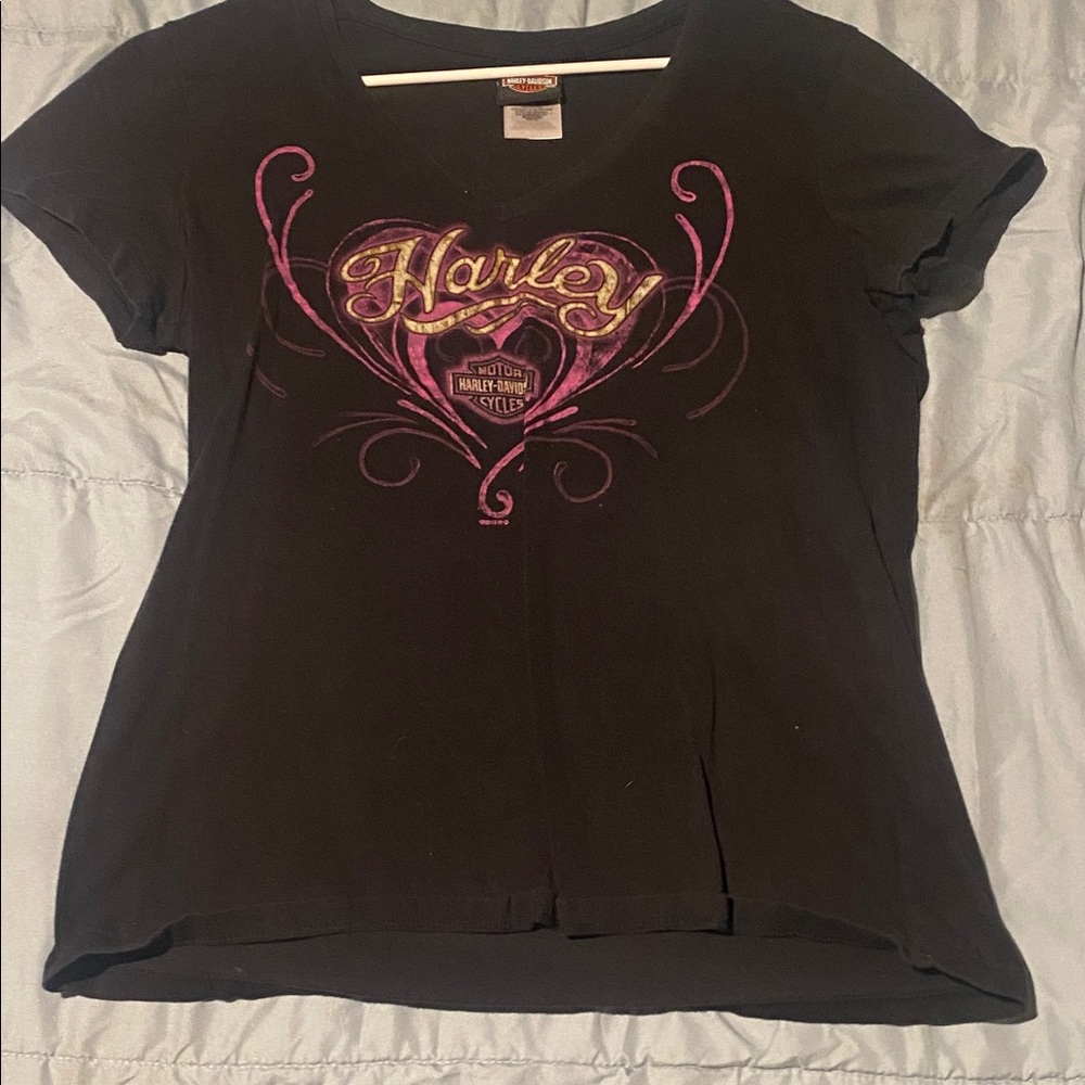 Harley-Davidson Black Tee with Pink Heart Design